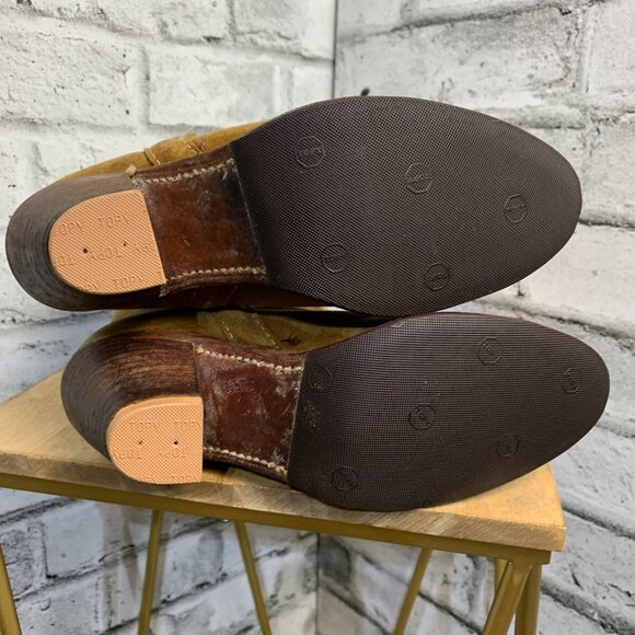 Frye Vintage Suede Western Cowboy Boots 7 Tan Distressed Heel Boho Cowgirl USA - Picture 10 of 16